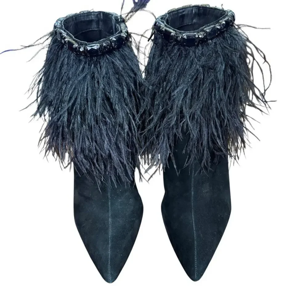 Jessica Simpson Piume Feather Black High Heel Ankle Boots Booties Shoes sz 10